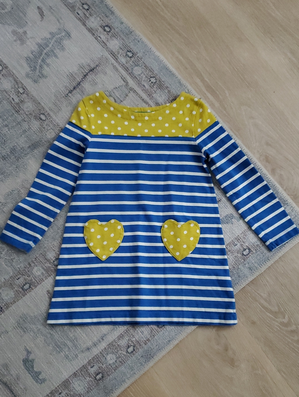 Mini Boden Girls Blue Striped Heart Pocket 100% Cotton Long Sleeve Dress Sz4-5y